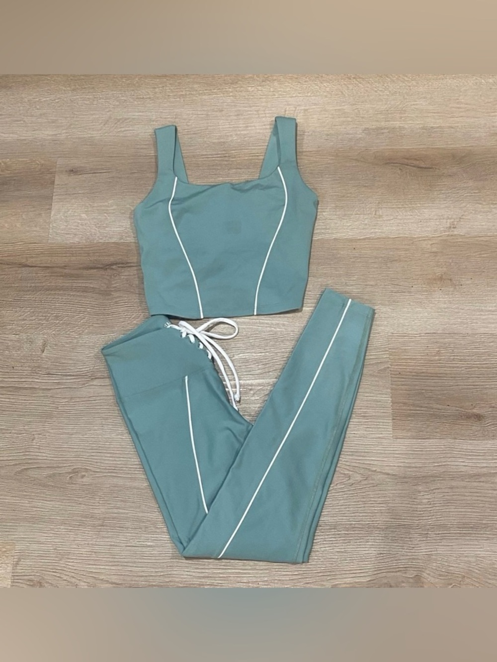 Year of Ours Sage Green White Piping Set NWOT